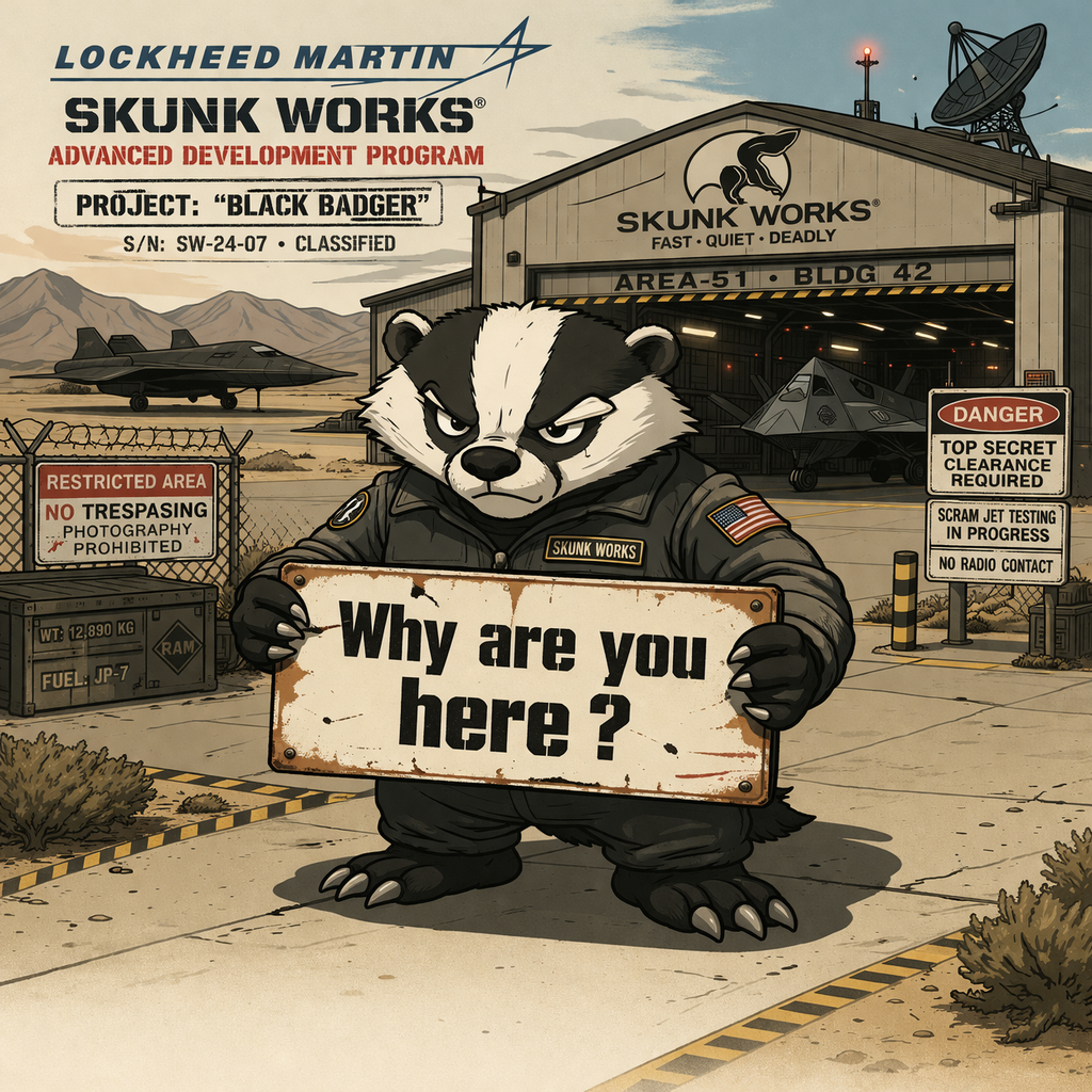 Cartoonish badger holding a sign saying Why are you here?